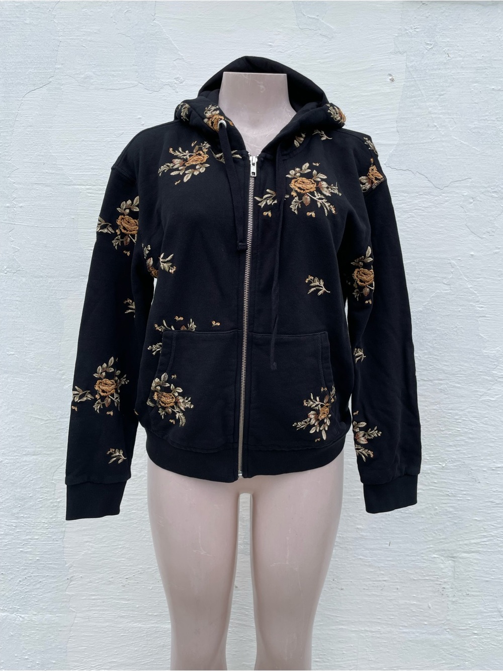 DRIFTWOOD Black Zip-Up Hoodie with Tan Floral Embroidery